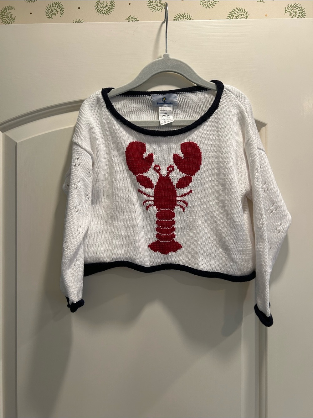 Florence Eiseman White Sweater with Red Lobster and Navy Trim